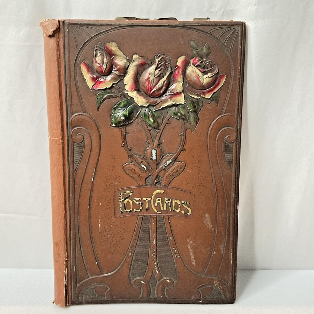 Antique German Postcard Album Art Nouveau Embossed Roses Leather 1900s 15" X 10"